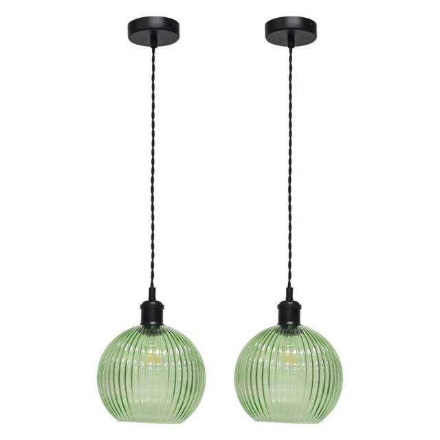 First Choice Lighting Set of 2 Betchley - Green Ribbed Glass Black Retro Pendant Fittings - image 1
