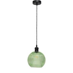 First Choice Lighting Set of 2 Betchley - Green Ribbed Glass Black Retro Pendant Fittings - thumbnail 2