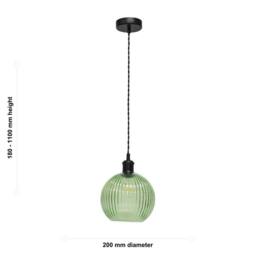 First Choice Lighting Set of 2 Betchley - Green Ribbed Glass Black Retro Pendant Fittings - thumbnail 6