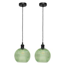 First Choice Lighting Set of 2 Betchley - Green Ribbed Glass Black Retro Pendant Fittings - thumbnail 1