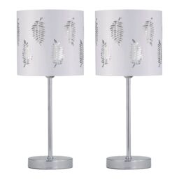 First Choice Lighting Set of 2 Chrome Touch Operated Table Lamps with White Fern Shades in Silver