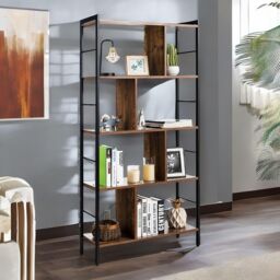 Rafaelo Mobilia 154CM Tall 5 Tier Bookcase With Metal Frame in Dark Brown - thumbnail 1