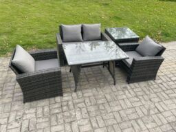 Fimous Outdoor Garden Furniture High Back Rattan Sofa Dining Table Set with Side Table Dark Grey Mixed - thumbnail 2