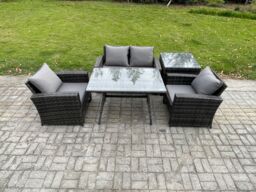 Fimous Outdoor Garden Furniture High Back Rattan Sofa Dining Table Set with Side Table Dark Grey Mixed - thumbnail 1