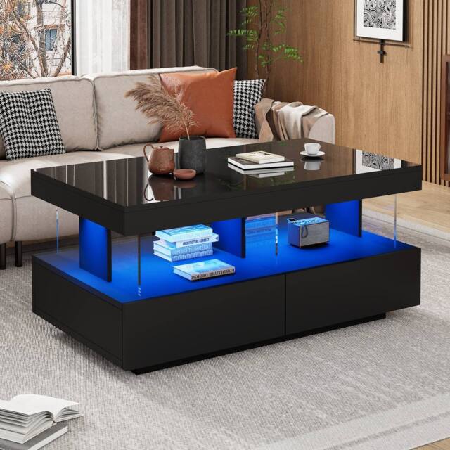 Merax High Gloss LED Coffee Table with 2 Drawers & Open Shelf in Black - image 1