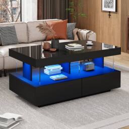 Merax High Gloss LED Coffee Table with 2 Drawers & Open Shelf in Black - thumbnail 1