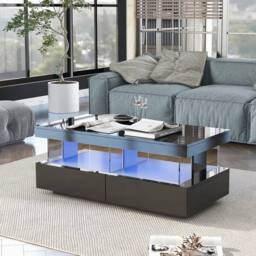 Merax High Gloss LED Coffee Table with 2 Drawers & Open Shelf in Black - thumbnail 3