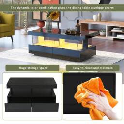 Merax High Gloss LED Coffee Table with 2 Drawers & Open Shelf in Black - thumbnail 4