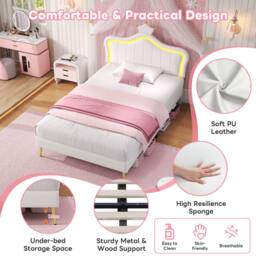 BTM PU Leather Upholstered Bed with LED Adjustable Crown Shape Headboard in White - Size: Double - thumbnail 6