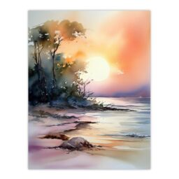 "Artery8 Wall Art Print The Bonnie Banks Of Loch Lomond Sunset Watercolour Poster - Size: W24"" x H32""" - thumbnail 1
