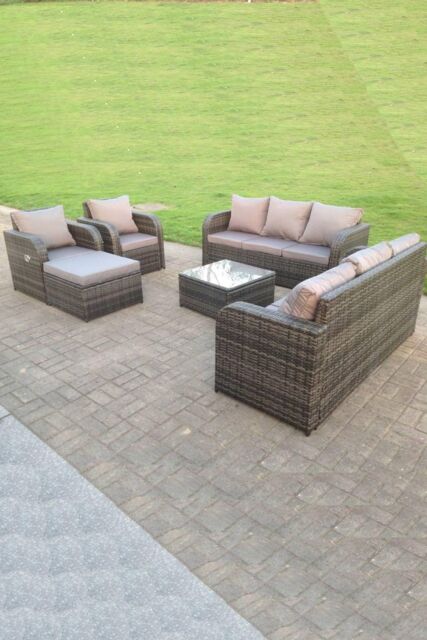 Fimous Wicker Garden Furniture Set Lounge Sofa Reclining Chair Outdoor Big Footstools 9 Seater in Dark Grey - image 1