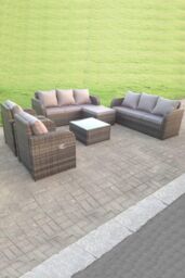 Fimous Wicker Garden Furniture Set Lounge Sofa Reclining Chair Outdoor Big Footstools 9 Seater in Dark Grey - thumbnail 2