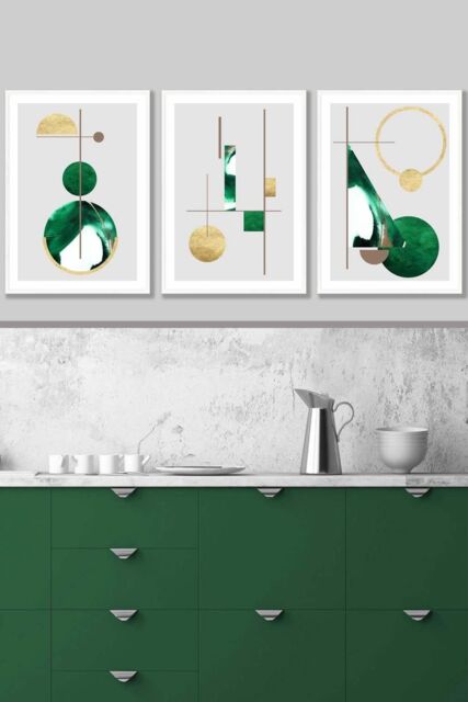 ARTZE Abstract Textured Geometric Art in Green & Gold Framed Wall Art - Large in White - Size: W53 cm x H73 cm x D20mm - image 1