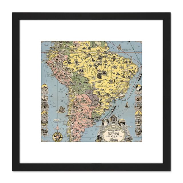 Artery8 1942 Ernest Dudley Chase Pictorial Map South America 8X8 Inch Square Wooden Framed Wall Art Print Picture with Mount in Black - image 1