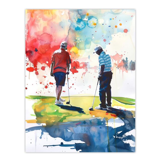 "Artery8 Two Friends Golfing Putting Watercolour in Sun Wall Art Print - Size: W24"" x H32""" - image 1