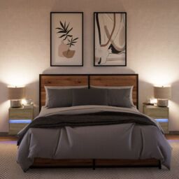 Berkfield Home Wall-mounted Bedside Cabinets with LED Lights 2 pcs Sonoma Oak in Brown - thumbnail 3