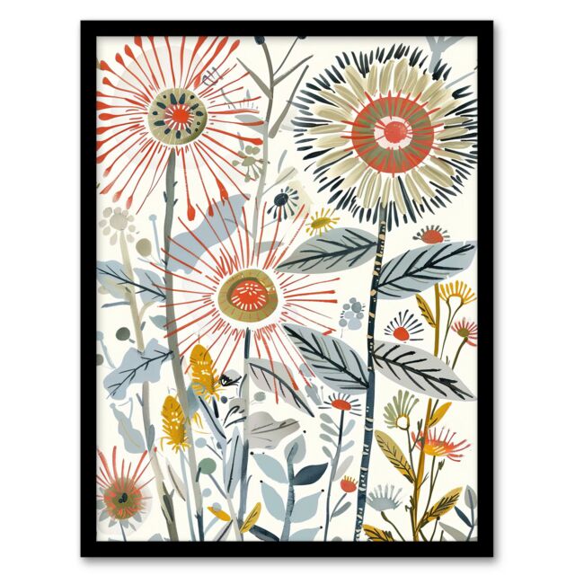 "Artery8 Aster Flower Painting Wildflowers Spring Folk Art Framed Art Print in White - Size: W12"" x H16""" - image 1