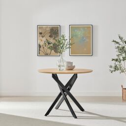 FurnitureboxUK Novara Round Oak Veneer & Black Metal 4 Seater Dining Table in Light Brown - thumbnail 2