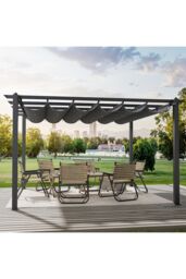 Living and Home 13x13ft or 20x10ft Garden Aluminum Patio Pergola with Retractable Canopy in Grey - Size: Medium - thumbnail 1