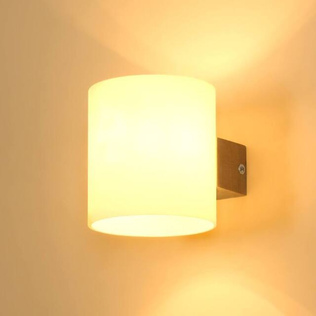 Goeco E27 Wood Interior Wall Light with Tri-Colour Bulb, Glass Shade in White - image 1