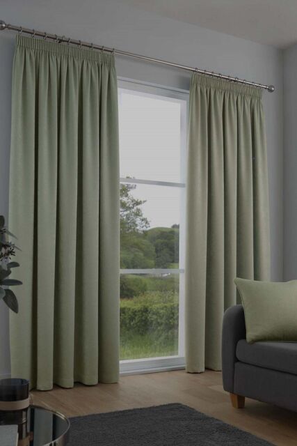 Fusion 'Galaxy' Pair of Light Reducing Thermal Effect Pencil Pleat Curtains in Green - Size: 117 cm width x 137 cm drop - image 1