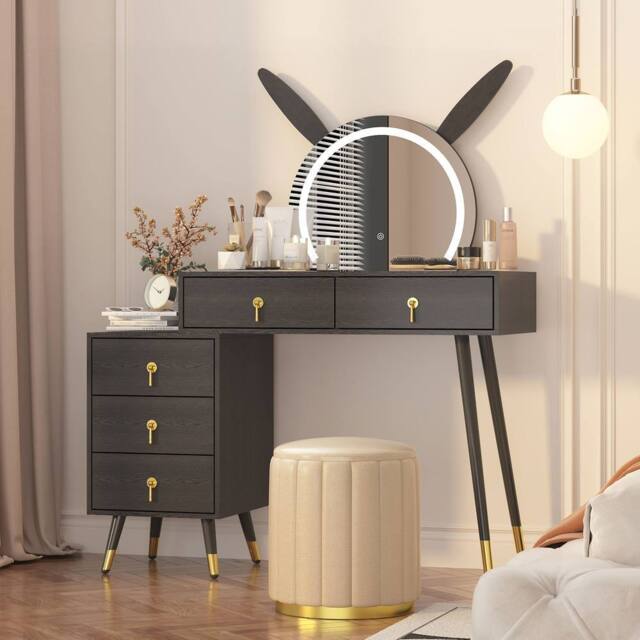 KEEPREAPER Dressing Table with LED Mirror, 5 Drawers Metal Legs in Black - image 1