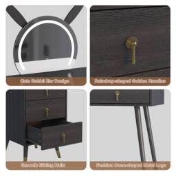KEEPREAPER Dressing Table with LED Mirror, 5 Drawers Metal Legs in Black - thumbnail 9