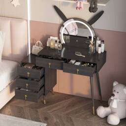 KEEPREAPER Dressing Table with LED Mirror, 5 Drawers Metal Legs in Black - thumbnail 3