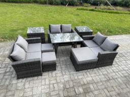 Fimous Outdoor Lounge Sofa Set Wicker PE Rattan Garden Furniture Set with Rectangular Dining Table 2 Seat Sofa 2 Side Tables in Dark Grey - thumbnail 1