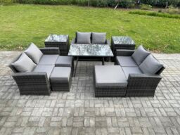 Fimous Outdoor Lounge Sofa Set Wicker PE Rattan Garden Furniture Set with Rectangular Dining Table 2 Seat Sofa 2 Side Tables in Dark Grey - thumbnail 2