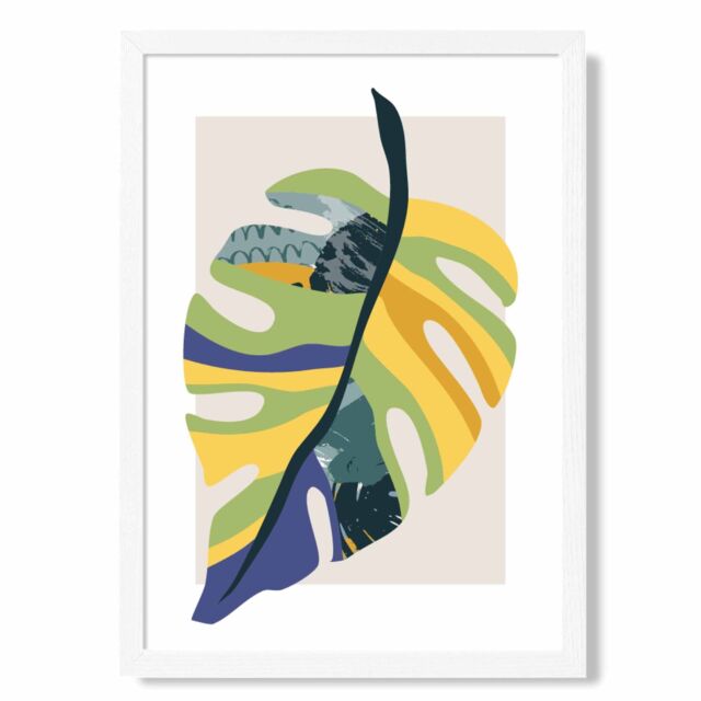 ARTZE Tropical Monstera Teal & Green Mid Century Modern Framed Print SIZE: A4 with White Frame - Size: A3 - image 1