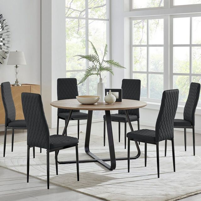 FurnitureboxUK Santorini Brown Round Dining Table & 6 Milan Black Leg Chairs - image 1