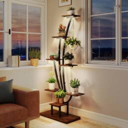 Gymax 155 cm Indoor Plant Stand Grow Lights Corner Metal Flowerpot Holder in Natural - thumbnail 8