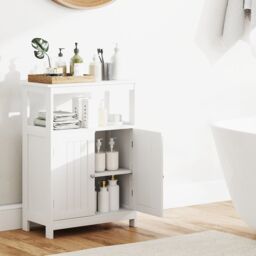 Gymax Freestanding Storage Organizer Bathroom Floor Cabinet With 2 Doors in White - thumbnail 9