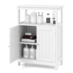 Gymax Freestanding Storage Organizer Bathroom Floor Cabinet With 2 Doors in White - thumbnail 8
