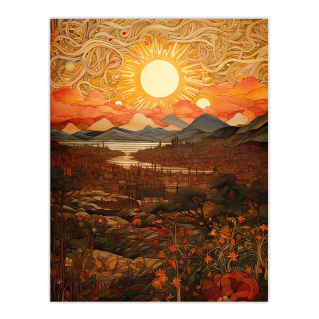 "Artery8 Wall Art Print Abstract Magical Autumn Sunset Landscape Painting Artwork Poster in Orange - Size: W24"" x H32""" - image 1