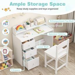 Costway Kids Study Desk & Chair Set Wooden Writing Desk w/Hutch &Storage Shelf in White - thumbnail 7