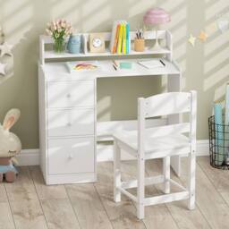 Costway Kids Study Desk & Chair Set Wooden Writing Desk w/Hutch &Storage Shelf in White - thumbnail 3