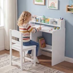 Costway Kids Study Desk & Chair Set Wooden Writing Desk w/Hutch &Storage Shelf in White - thumbnail 6