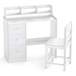 Costway Kids Study Desk & Chair Set Wooden Writing Desk w/Hutch &Storage Shelf in White - thumbnail 2
