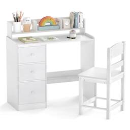 Costway Kids Study Desk & Chair Set Wooden Writing Desk w/Hutch &Storage Shelf in White