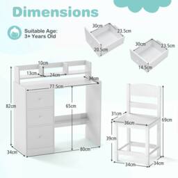 Costway Kids Study Desk & Chair Set Wooden Writing Desk w/Hutch &Storage Shelf in White - thumbnail 4