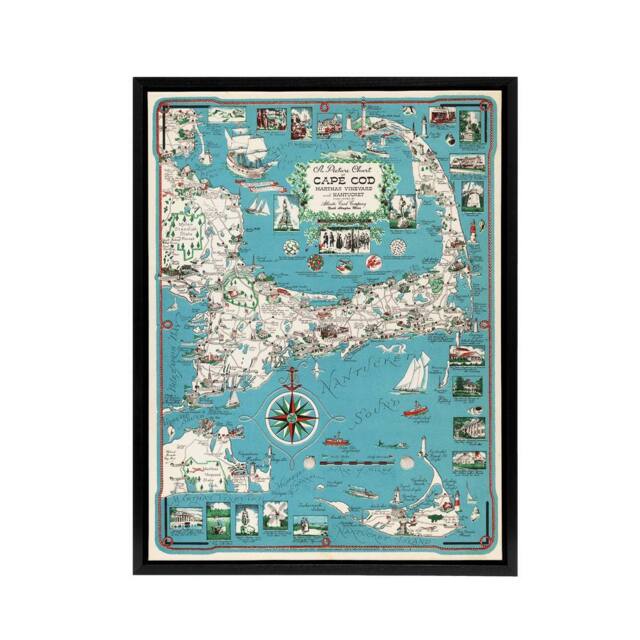 "Artery8 Map vintage Cape Cod Massachusetts Framed Canvas Wall Art Print in Blue - Size: W12"" x H16""" - image 1