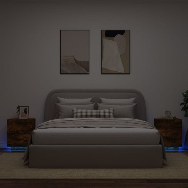 Berkfield Home Bedside Cabinets with LED Lights 2 pcs Smoked Oak Engineered Wood in Brown - image 1