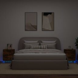 Berkfield Home Bedside Cabinets with LED Lights 2 pcs Smoked Oak Engineered Wood in Brown - thumbnail 1