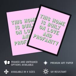 Artery8 Home Built On Love & Profanity Pink Funny Framed Wall Art Print - Size: A4 - thumbnail 2