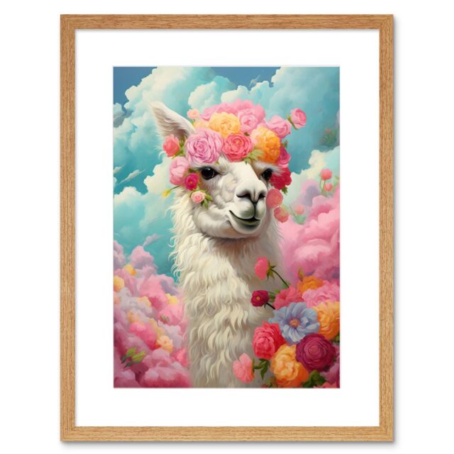 Artery8 Wall Art Print Head in the Clouds Conceptual Artwork Fabulous Carefree Llama with Rose Flower Headband Kids Room Artwork Framed 9X7 Inch - image 1
