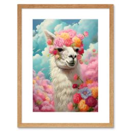 Artery8 Wall Art Print Head in the Clouds Conceptual Artwork Fabulous Carefree Llama with Rose Flower Headband Kids Room Artwork Framed 9X7 Inch - thumbnail 1