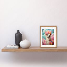 Artery8 Wall Art Print Head in the Clouds Conceptual Artwork Fabulous Carefree Llama with Rose Flower Headband Kids Room Artwork Framed 9X7 Inch - thumbnail 2