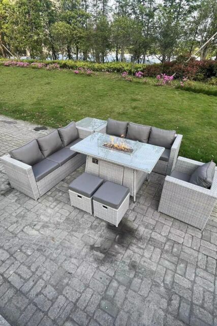 Fimous Rattan Fire Pit Garden Furniture Dining Table Set Gas Heater Burner Lounge Sofa Side Coffee Table in Light Grey - image 1